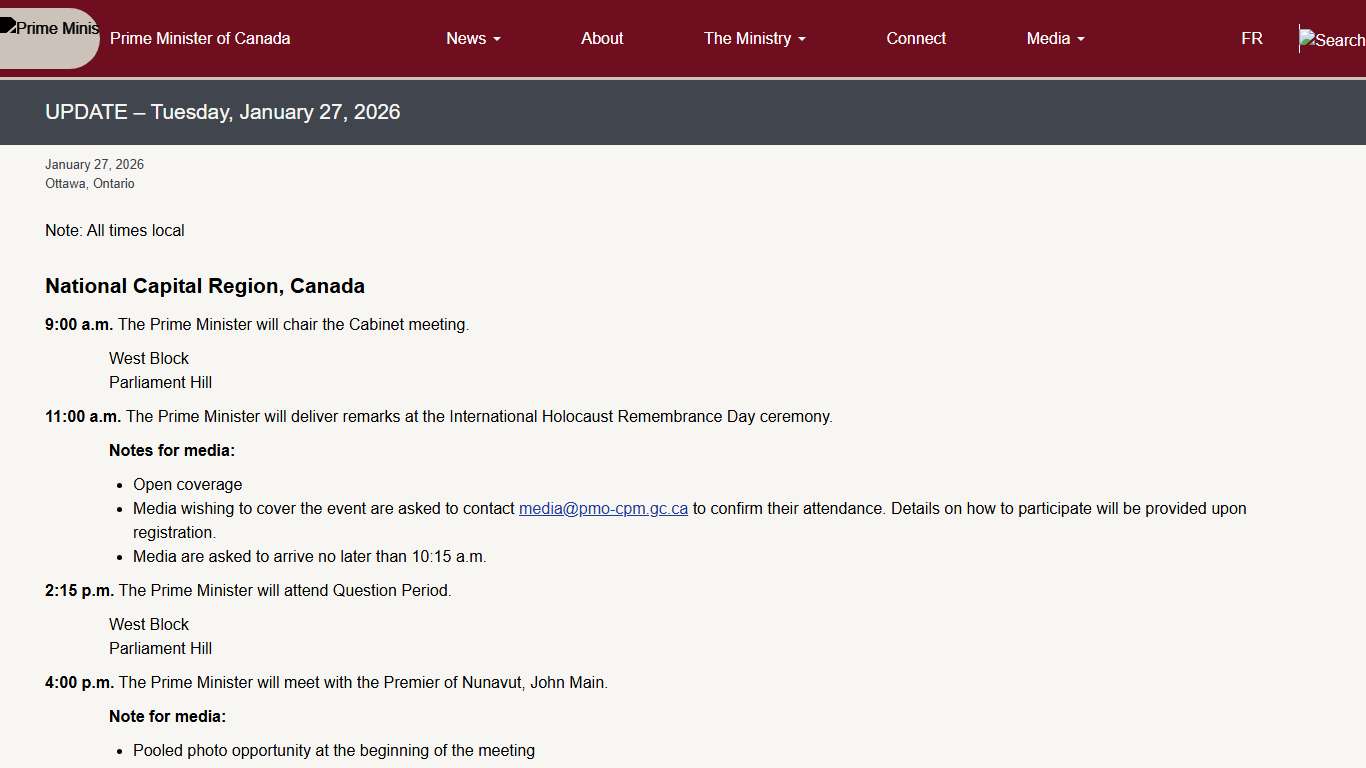 UPDATE – Tuesday, January 27, 2026 Prime Minister of Canada